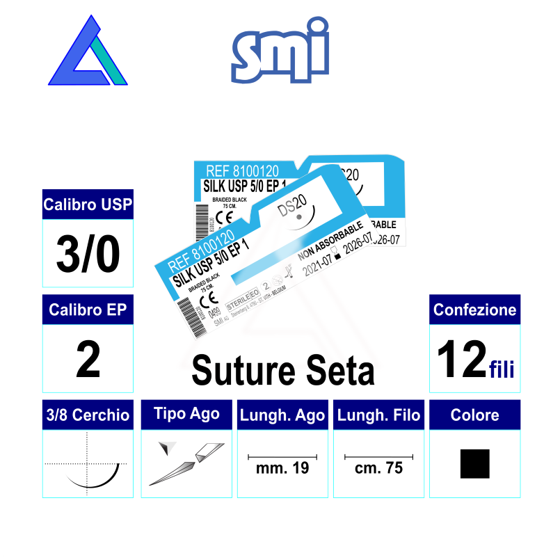 Sut. SETA NERA 3/0 3/8 R/C 19 mm. 75 cm.