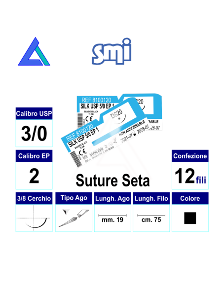 Sut. SETA NERA 3/0 3/8 R/C 19 mm. 75 cm.