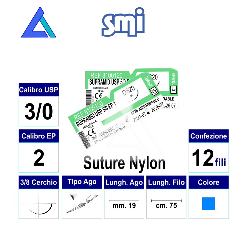 Sut. DACLON NYLON 3/0 3/8 R/C 19 mm. 75 cm.