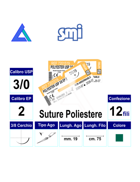 Sut. POLIESTERE 3/0 3/8 R/C 19 mm. - Scat. 12 pz.