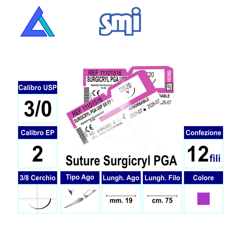 Sut. SURGICRYL PGA 3/0 3/8 R/C 19 mm. 75 cm