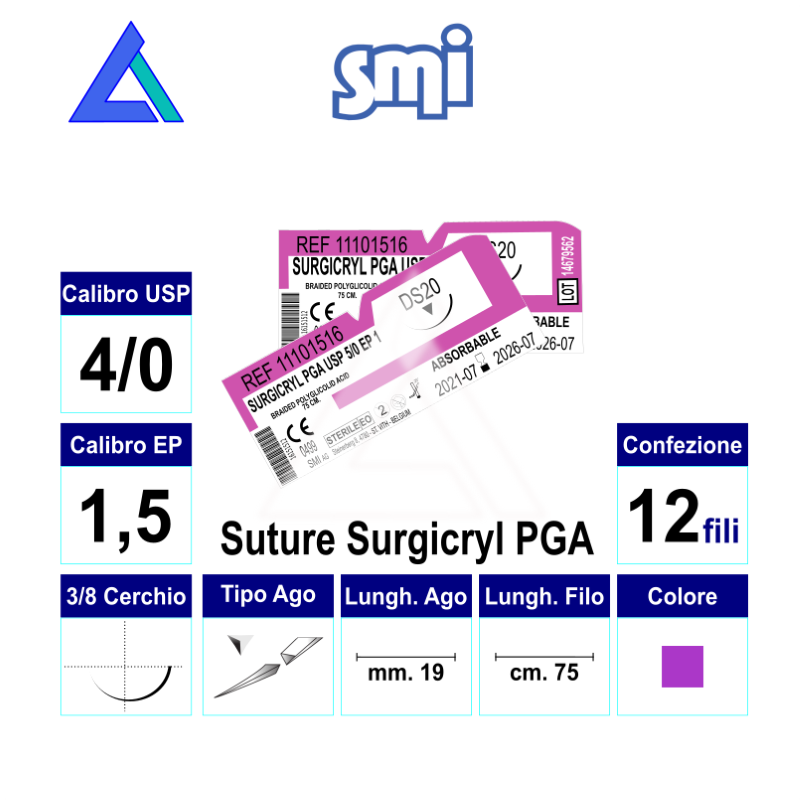 Sut. SURGICRYL PGA 4/0 3/8 R/C 19 mm. 75 cm.