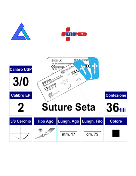 Sut. BIOSILK NERA 3/0 3/8 RB/TC 17 mm. 75 cm.