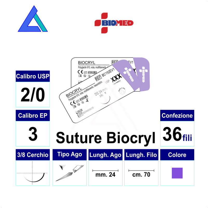 Sut. BIOCRYL 2/0 3/8 R/C 24 mm. 70 cm.