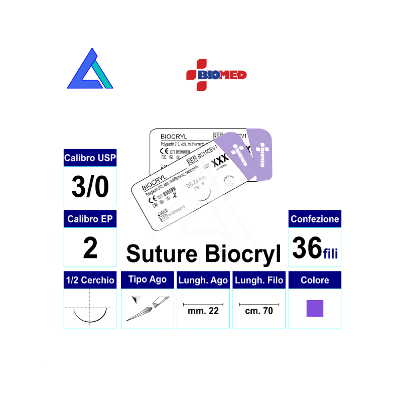 Sut. BIOCRYL 3/0 1/2 R/C 22 mm 70 cm.