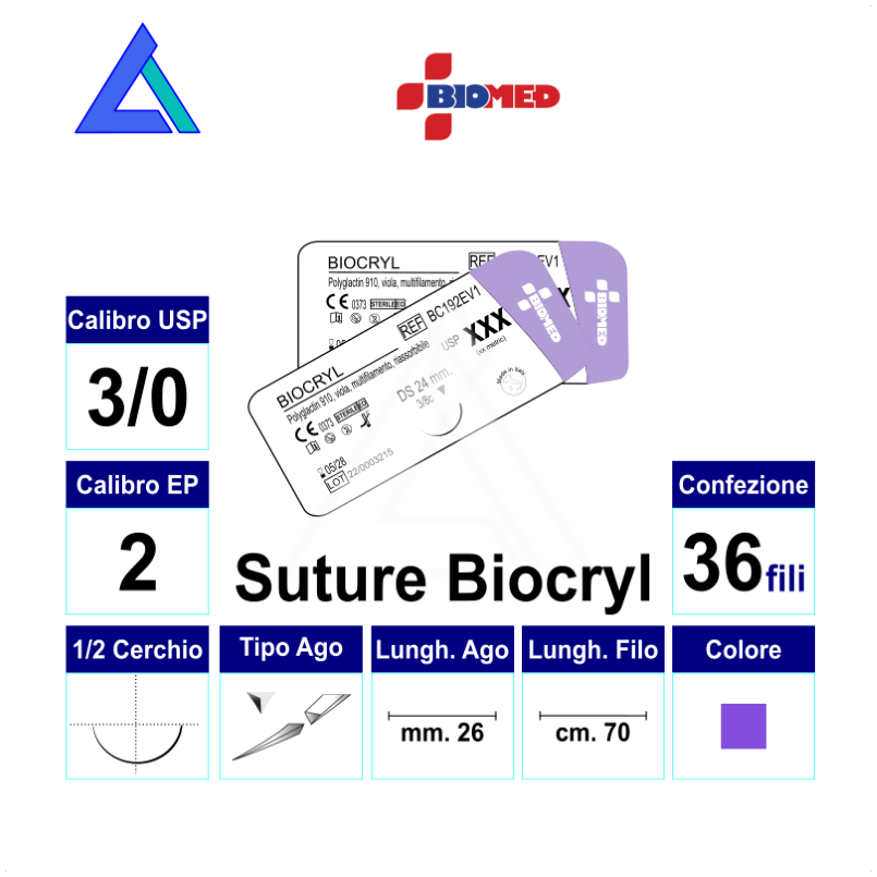 Sut. BIOCRYL 3/0 1/2 R/C 26 mm 70 cm.