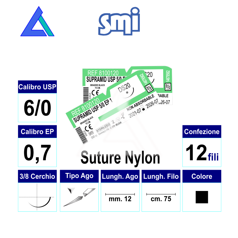 Sut. DACLON NYLON 6/0 3/8 R/C 12 mm. 75 cm.