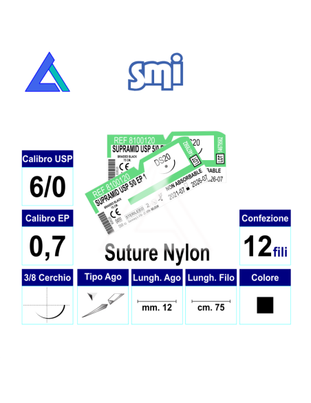 Sut. DACLON NYLON 6/0 3/8 R/C 12 mm. 75 cm.