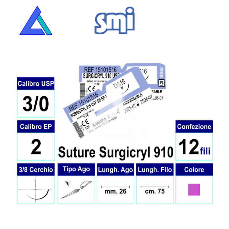 Sut. SURGICRYL 910 3/0 3/8 R/C 26 mm. 75 cm.