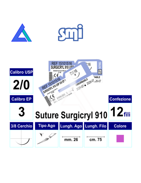 Sut. SURGICRYL 910 2/0 3/8 R/C 26 mm. 75 cm.