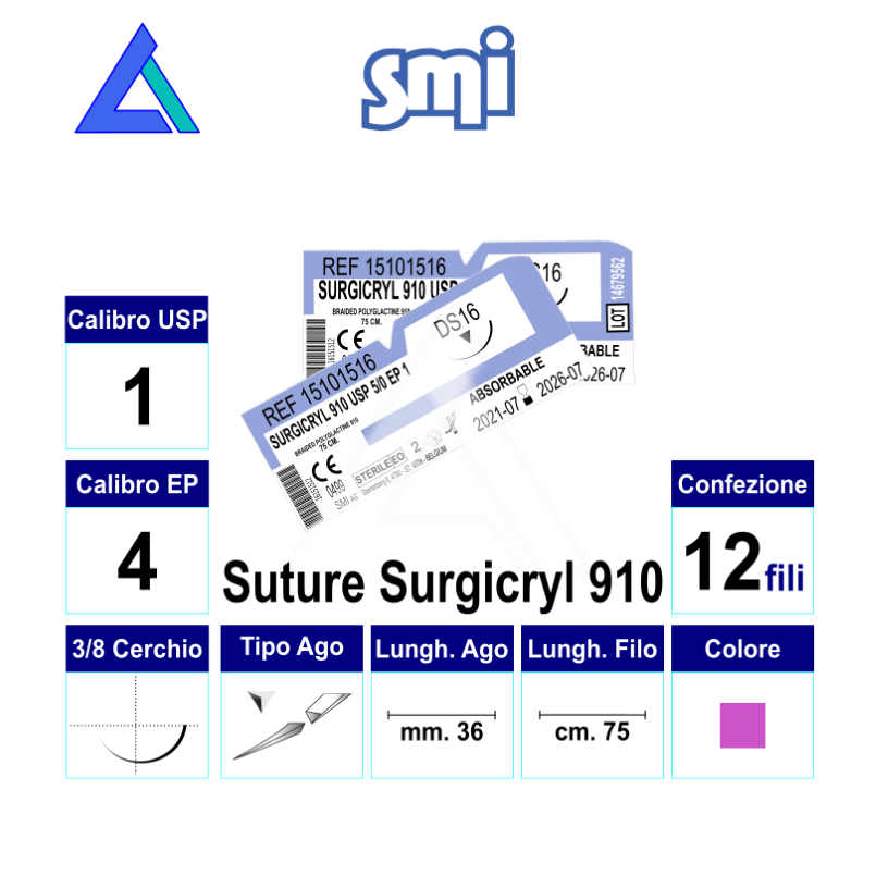 Sut. SURGICRYL 910 1 3/8 R/C 36 mm. 75 cm.