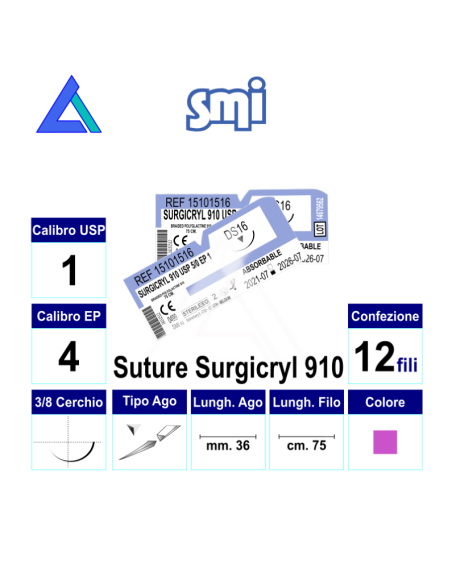 Sut. SURGICRYL 910 1 3/8 R/C 36 mm. 75 cm.