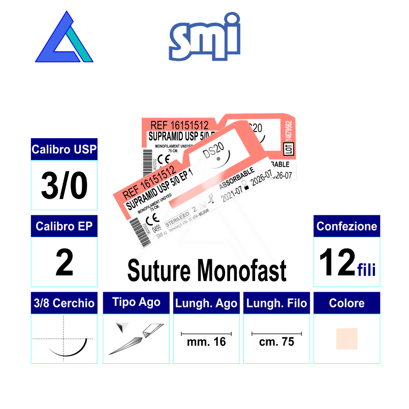 Sut. SURGICRYL MONOFAST 3/0 3/8 R/C 16 mm. 75 cm.