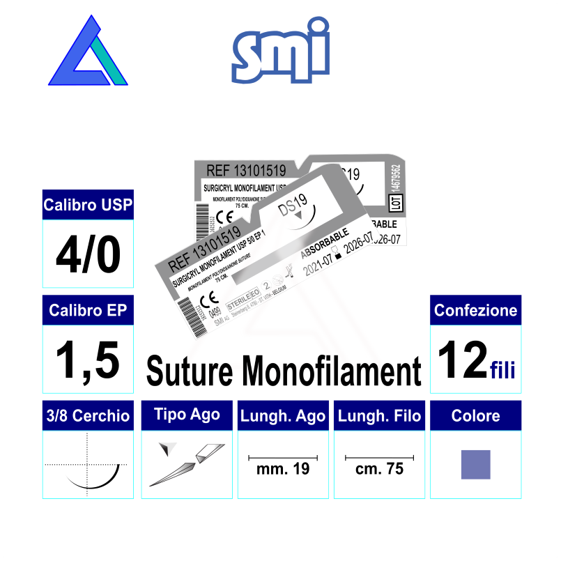 Sut. SURGICRYL MONOFILAMENT 4/0 3/8 R/C 19 mm. 75 cm.