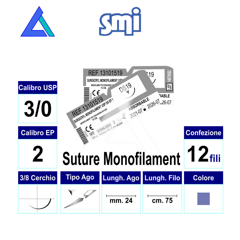 Sut. SURGICRYL MONOFILAMENT 3/0 3/8 R/C 24 mm. 75 cm.