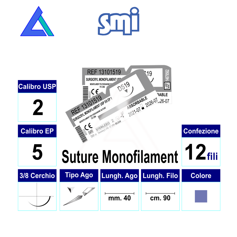 Sut. SURGICRYL MONOFILAMENT USP 2 3/8 R/C 40 mm.