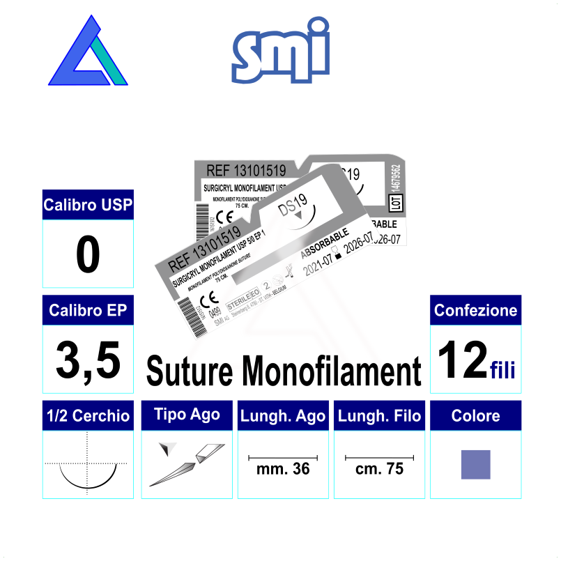 Sut. SURGICRYL MONOFILAMENT 0 1/2 R/C 36 mm. 75 cm.