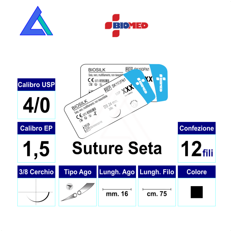 Sut. BIOSILK NERA 4/0 3/8 R/C 16 mm 75 cm.