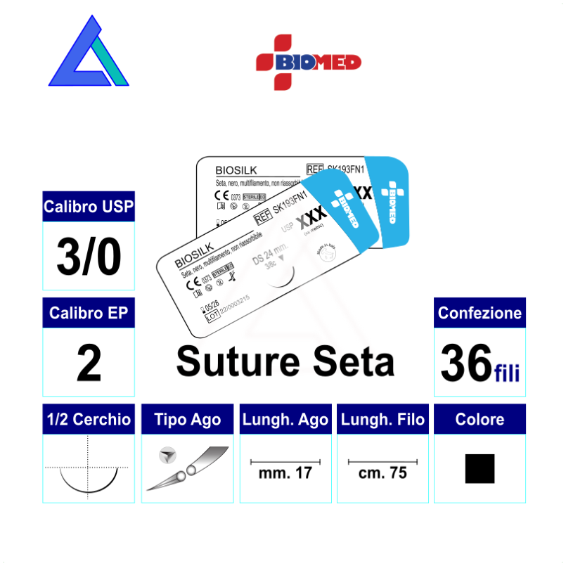 Sut. BIOSILK NERA 3/0 1/2 RB/TC 17 mm. 75 cm.