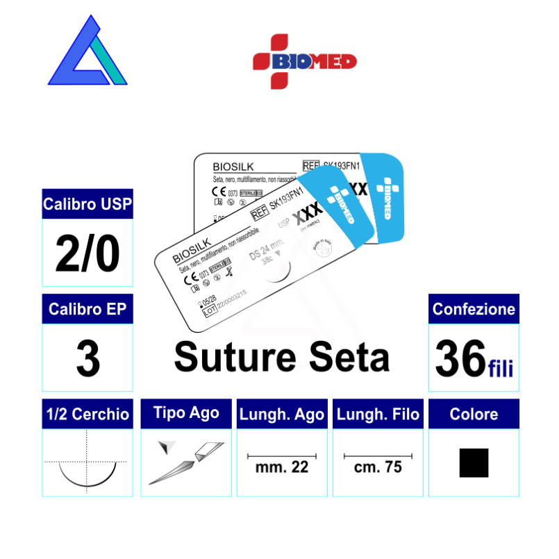 Sut. BIOSILK NERA 2/0 1/2 RB/TC 22 mm. 75 cm.