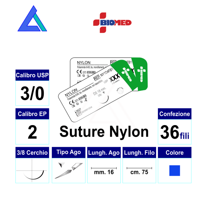 Sut. NYLON 3/0 3/8 R/C 16 mm. 75 cm.