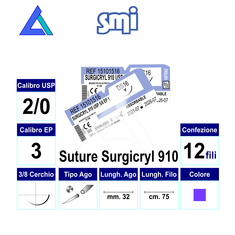 Sut. SURGICRYL 910 2/0 3/8 R/C 32 mm. 75 cm.