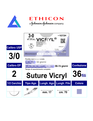 Suture ETHICON VICRYL 3/0 1/2c Rb/Tc 17 mm. 70 cm.