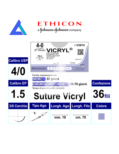 Suture ETHICON VICRYL 4/0 3/8c R/C 19 mm. 70 cm.