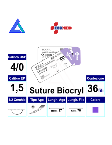 Sut. BIOCRYL 4/0 1/2 RB/TC 17 mm. 70 cm. - Scat. 36 pz.