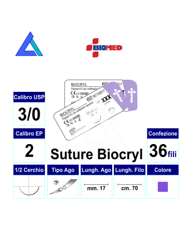 Sut. BIOCRYL 3/0 1/2 RB/TC 17 mm. 70 cm. - Scat. 36 pz.