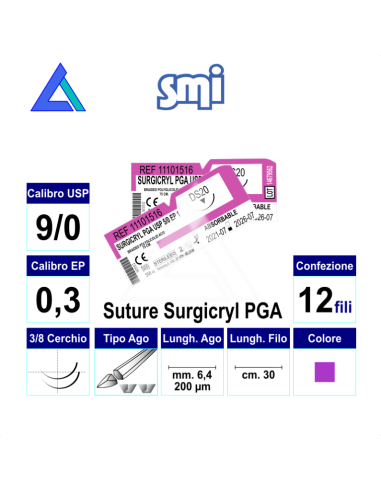 Sut. SURGICRYL PGA USP 3/8 6,4 mm. 9/0 ago spatola 30 cm.
