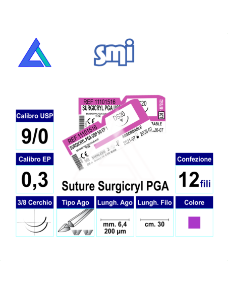Sut. SURGICRYL PGA USP 3/8 6,4 mm. 9/0 ago spatola 30 cm.