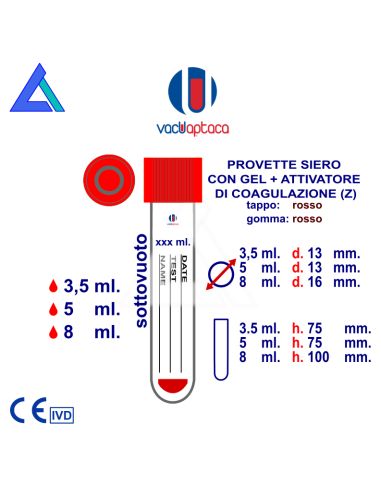 Provette sottovuoto con gel separatore+attivatore 13x75mm 3,5ml tappo rosso sterile