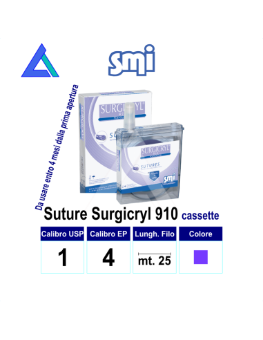 Sut. SURGICRYL 910 USP1 cassetta - Conf. 25 mt.