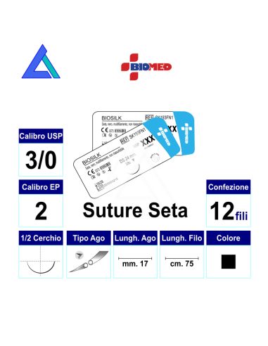 Sut. BIOSILK NERA 3/0 1/2 RB/TC 17 mm. 75 cm.